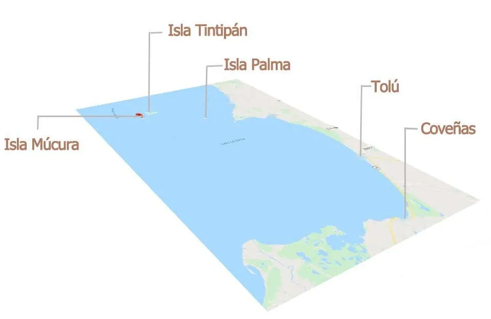 Mapa turístico del Golfo de Morrosquillo con rutas desde Tolú a Isla Múcura, Isla Palma e Isla Tintipán - LivingCol